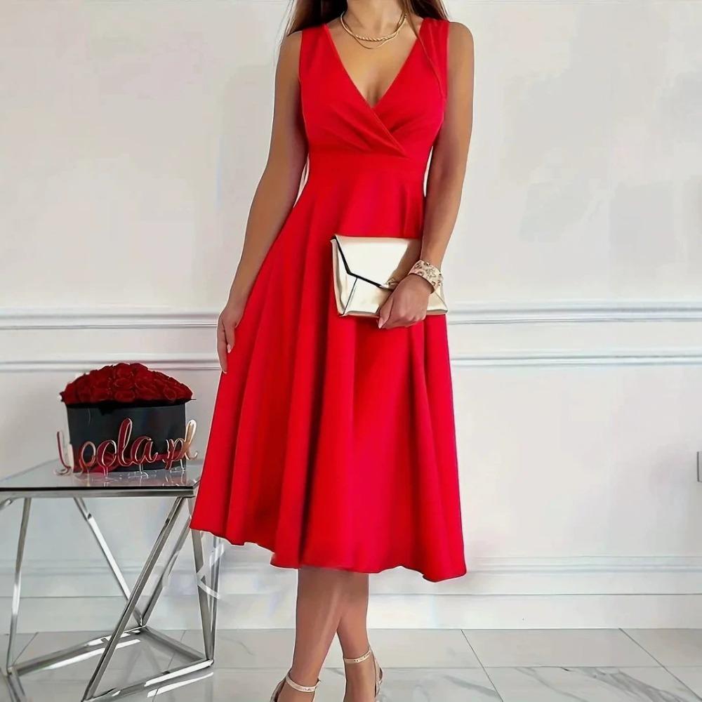 Women's Sleeveless V Neck Midi Dress High Waist A Line Solid Color Evening Party Swing Dress