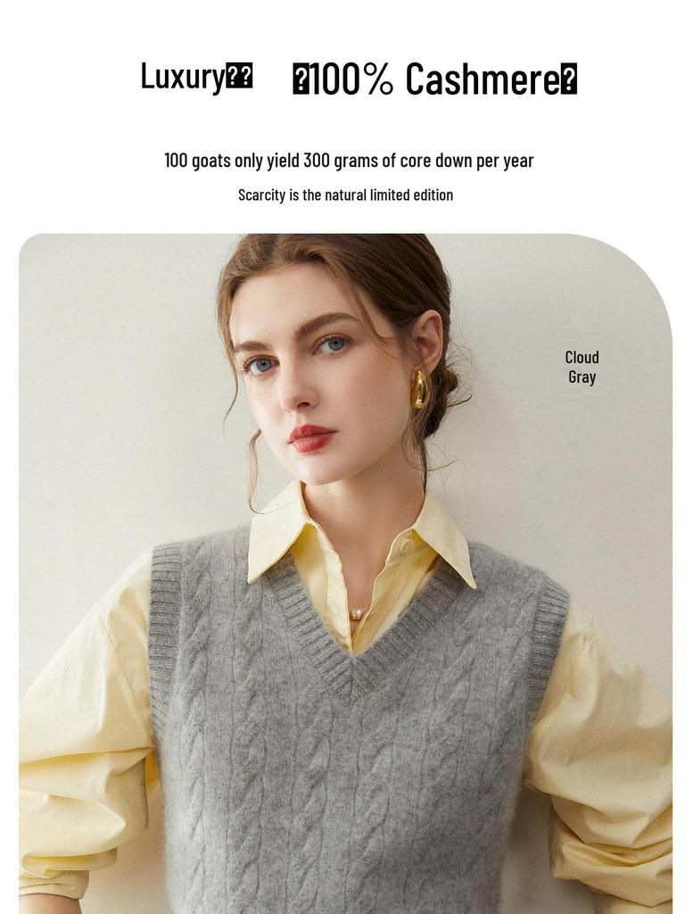 Pure Cashmere V-Neck Cable Knit Vest for Autumn & Winter