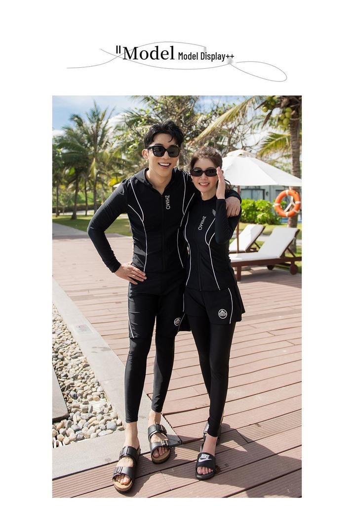 Couple's Long Sleeve Split Hoodie Swimsuit: Women's Sun Protection Surf Suit & Men's Beach Swimwear
