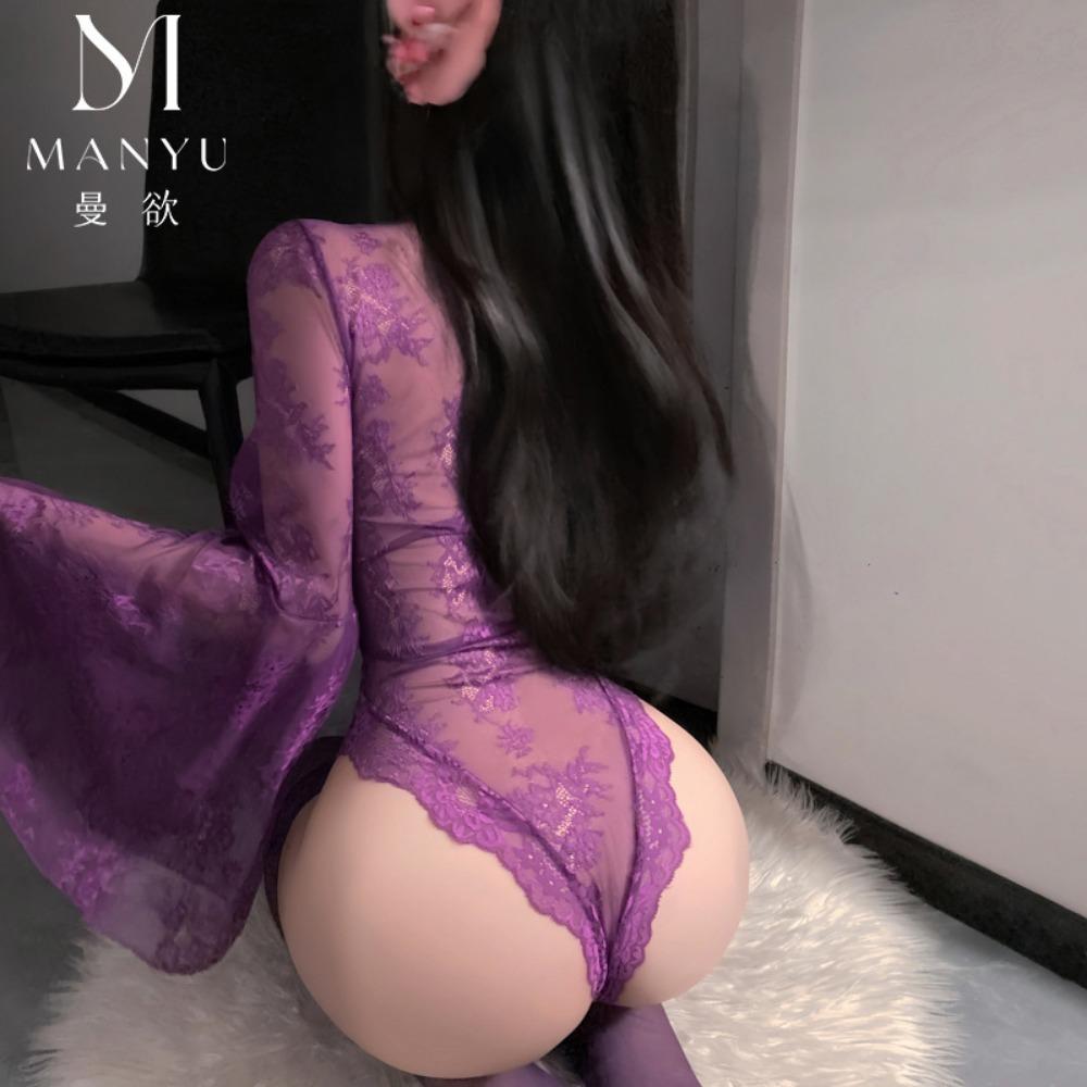 Man Desire Sexy Lingerie Sexy Perspective Onesie Pure Desire Flared Sleeve Lace Pajamas Deep V Hollow Uniform 9392