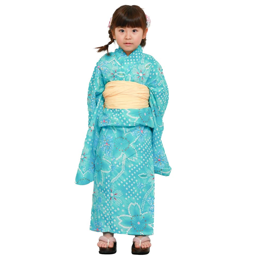 

Kyoto Kimono Yuzen Girls Yukata 2-Piece Set with Obi (Heko Obi) - Kids Kimono (Light Blue with Sakura)