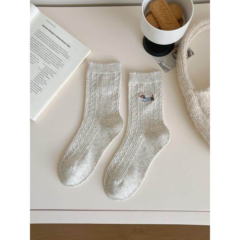 

Autumn and Winter Socks, Cartoon Dachshund Embroidered Cotton Socks, Women s Mid-calf Socks, Bow and Twist Pile Socks 1 pair