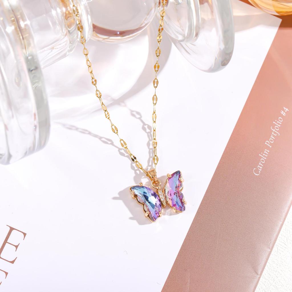 Iridescent Gradient Butterfly Necklace with Zirconia Rhinestones - Titanium Steel Clavicle Chain Pendant.