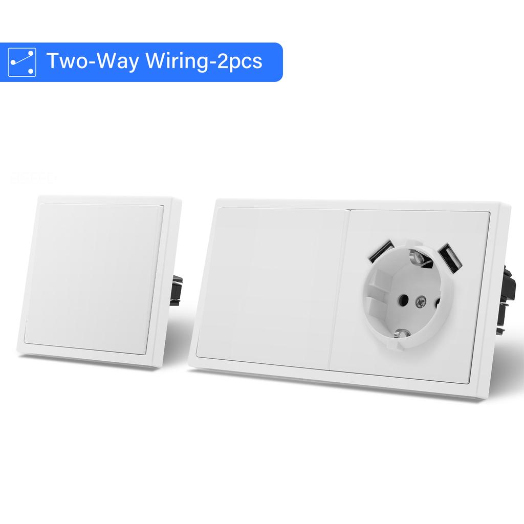 BSEED 1/2Gang Wall Light Switches 2Way Control For Stairs Bedroom With EU Standard Power Socket USB Type-c Plastic Frames 2Pack