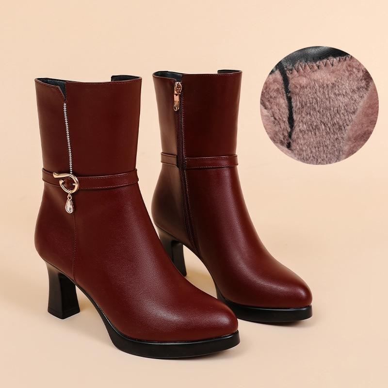 7.5cm 9.5cm Elegant Comfortable Soft Leather Boots Winter Shoes 2025 Women's Block High Heels Warm Plush Mid Calf Boots for Mom