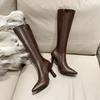 Autumn Soft Leather Pointed Toe Knee High Boots Women Fashion Thick Heels Shoes Street Style Mordern Long Botas Mujer