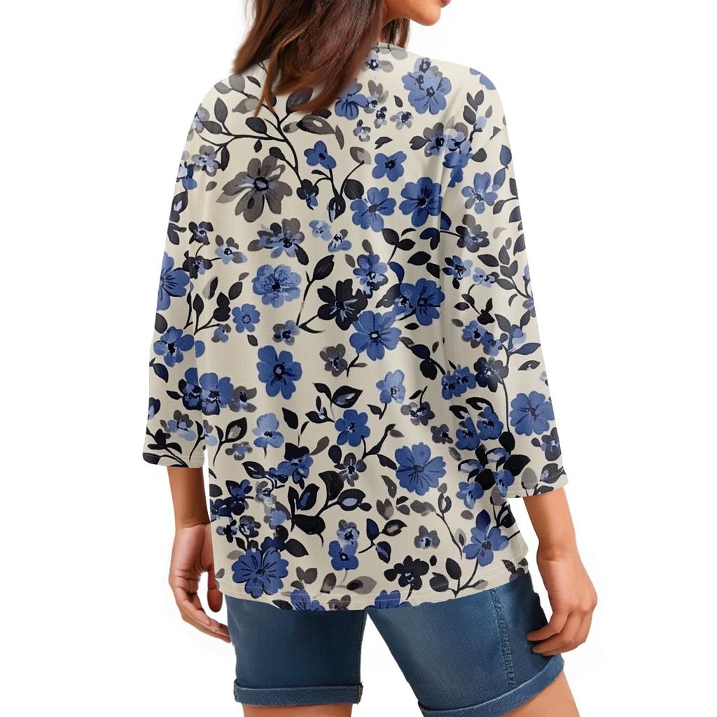 Damen V-Ausschnitt 3/4 Ärmel Tops Casual T-Shirts Basic Sommer Tees Loose Fit Herbst Pullover Tunika