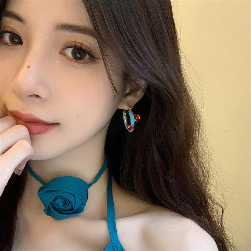 Retro Drop Glaze French Earrings Ear Buckle High Grade Blue Red Color Matching Ear Buckle Vintage Elegant Circular Earrings Women Party Gifts