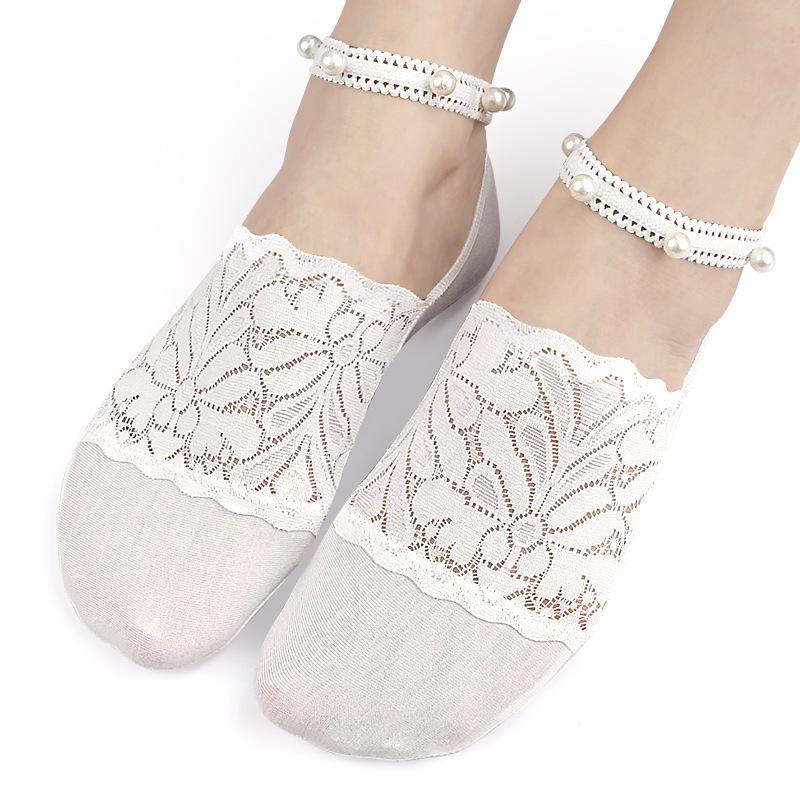 Женские невидимые летние носки с кружевом и жемчугом - Японский стиль, Нескользящие, Глубокий вырез One Size белый