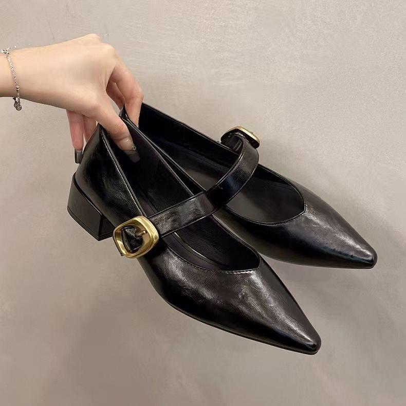 

New Soft Leather French Soft Sole Temperament Low Heel Mary Jane Women S Shoes Pointed Tip Single Shoes Women S Thick Heel 41 чорний