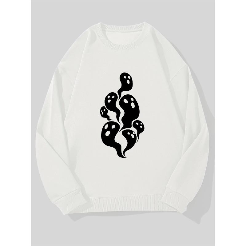 Men's Casual Round-Neck Sweatshirt With White Ghost On Blue Background.