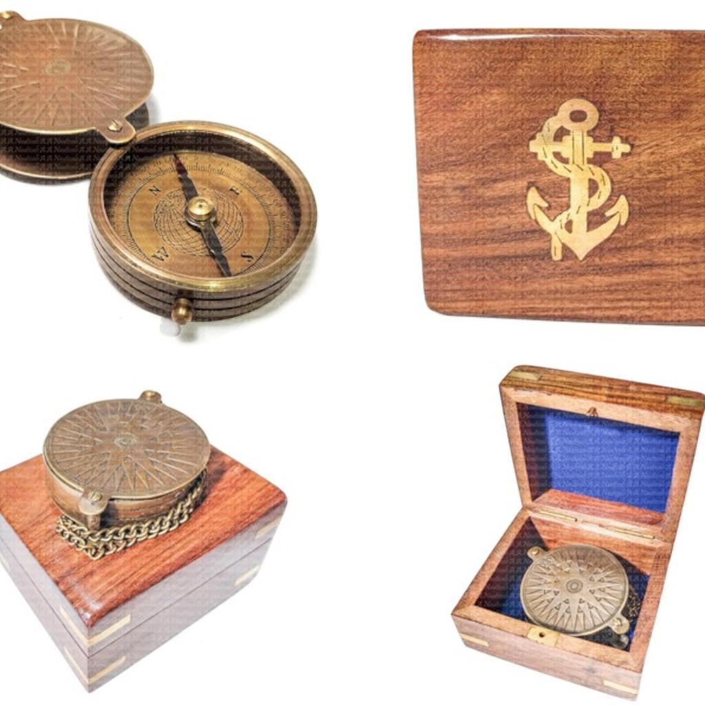Antique Brass Pocket Compass Sliding with Wood Box, Anniversary Gifts For Men, Birthday Gift For Dad, Groomsmen Gift, Christmas Decor