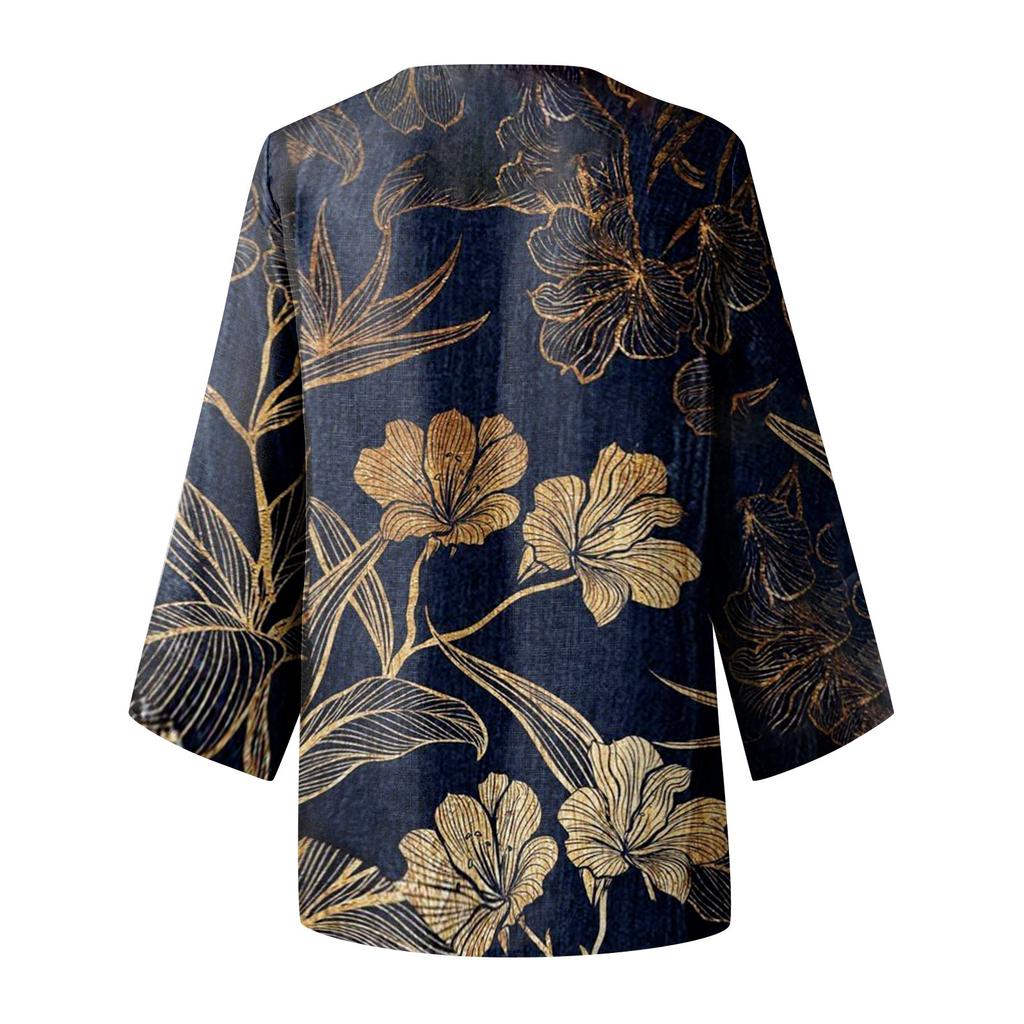 Women's Casual Solid Color Printed V-Neck Loose Irregular Hem Mid-Long Sleeve Top