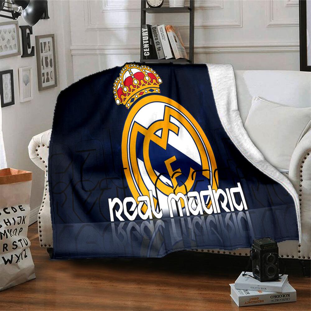 FC Madrid Emblem Flanelldecke, Weiches Polyester, Modernes Design, Ganzjahres für Camping, Reisen, Geschenke für Feiertage oder Geburtstage