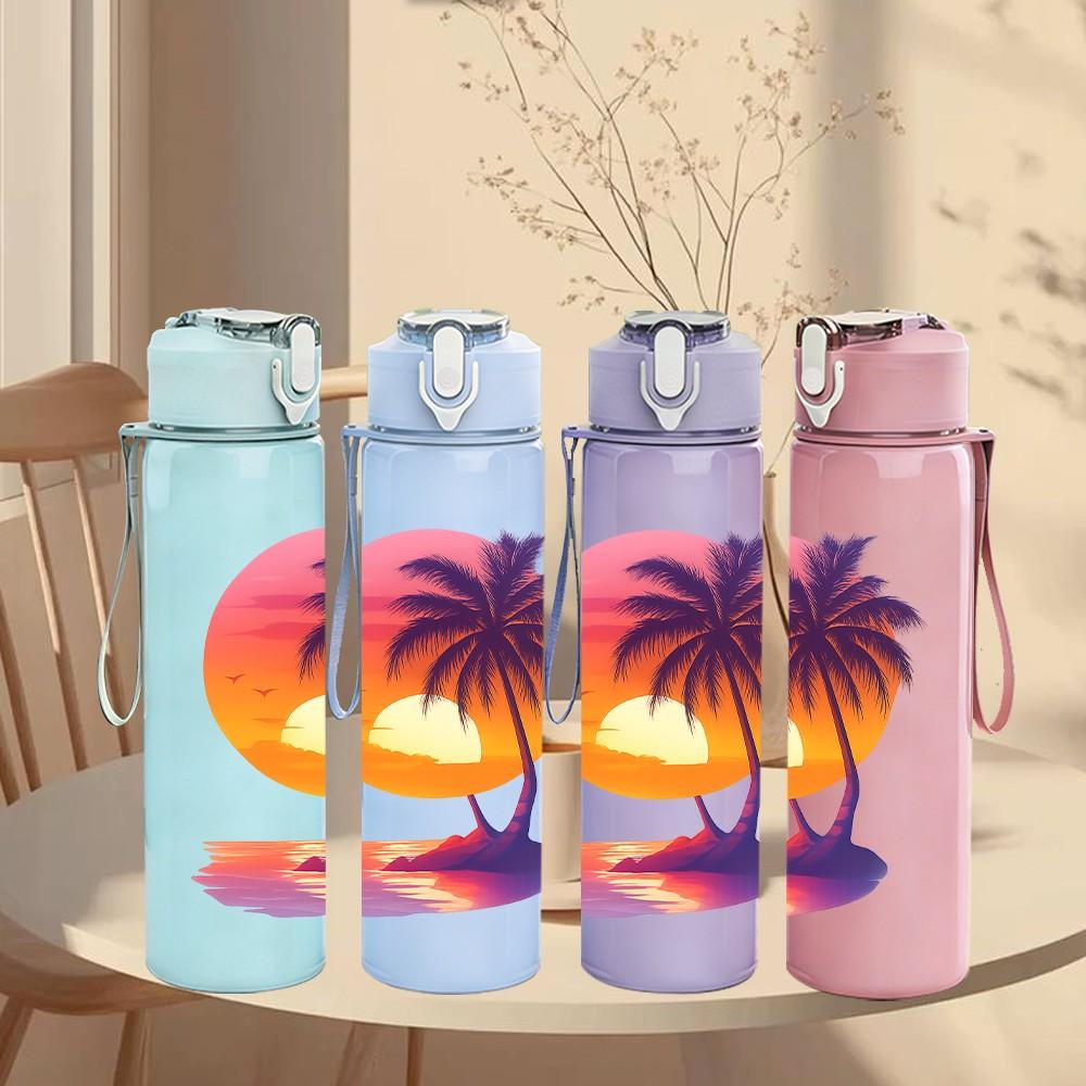 1PC Sunset Palm Beach Scene 750ml Color Plastic Sports Water Bottle Leakproof Flip Straw Lid Suitable for Sports Office Home Use