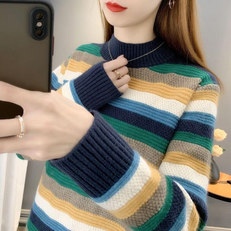 Autumn/Winter Loose Retro Outerwear Sweater Women's Casual Lazy Style Striped Knitted Top
