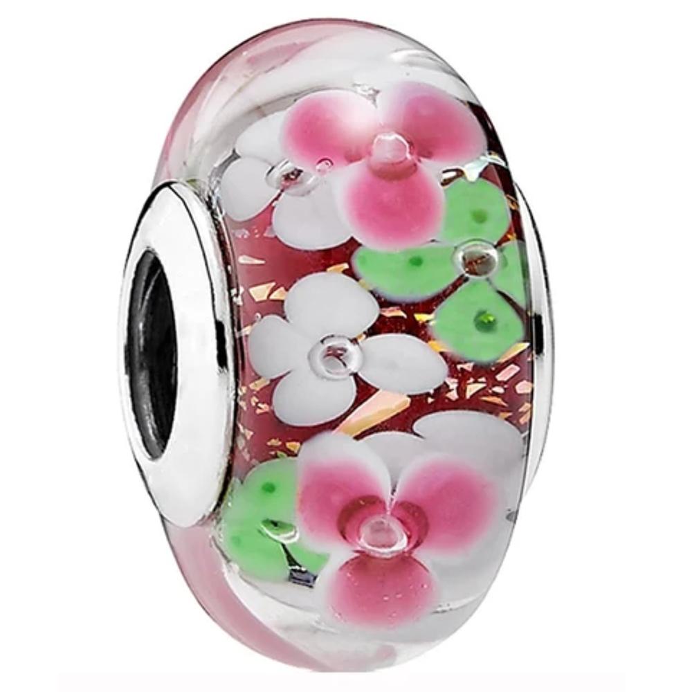 Brand New Authentic Original Copper Metal Flower and Leaf Cosmic Rainbow Charm Bead Component Murano Glass Bead Components Designed For Bracelet High