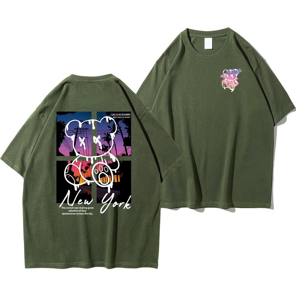 New York Art Word Cartoon Bear Sunset Scenery Design T Shirts Men Fashion Cotton Shirt Loose Summer T Shirts Oversized Tee