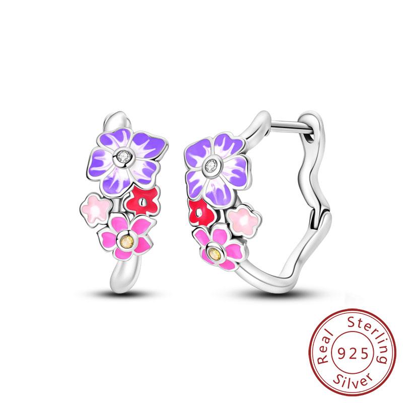 New 925 Silver Hoops Earrings Colorful Flower Butterfly Bee Drop Earring For Women Birthday Party Fashion Jewelry Gifts