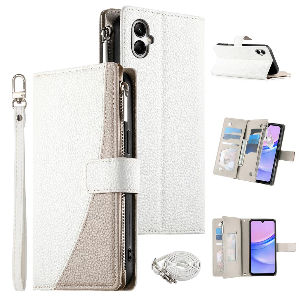 For Samsung Galaxy A05 4G Case Zipper Wallet Color Splicing Leather Flip Phone Cover with Straps