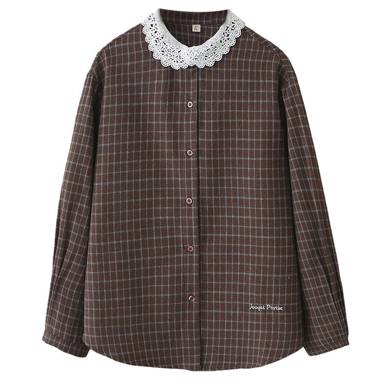 Plus Size Women's 2026 Spring Plaid Coat with Lace Collar Cardigan - Slimming Long Sleeve Shirt