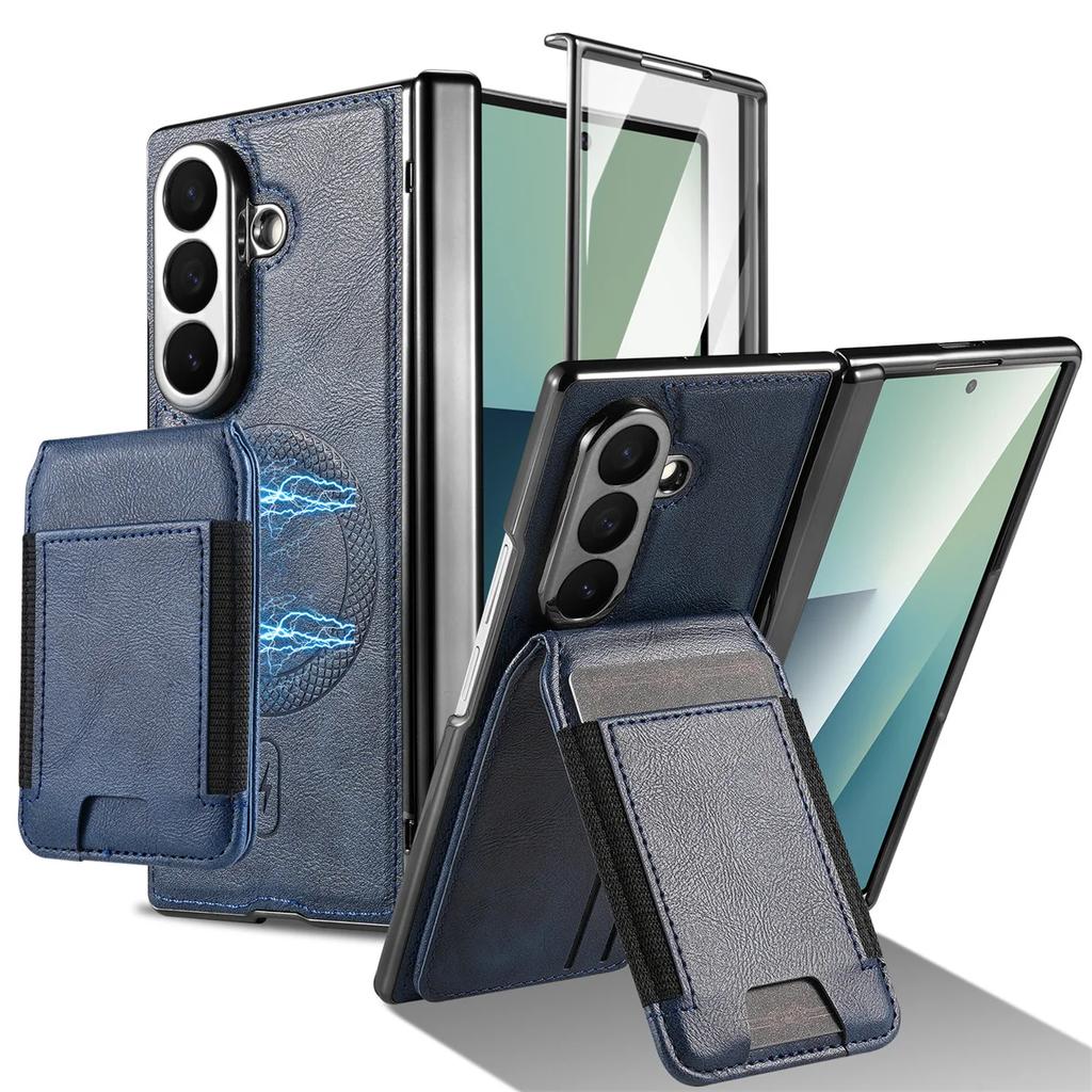 Magsafe Magnetic Leather Hinge Phone Case Screen Protect Film Wallet Cards Holder Cover for Samsung Galaxy Z Fold 7 6 5 4 3