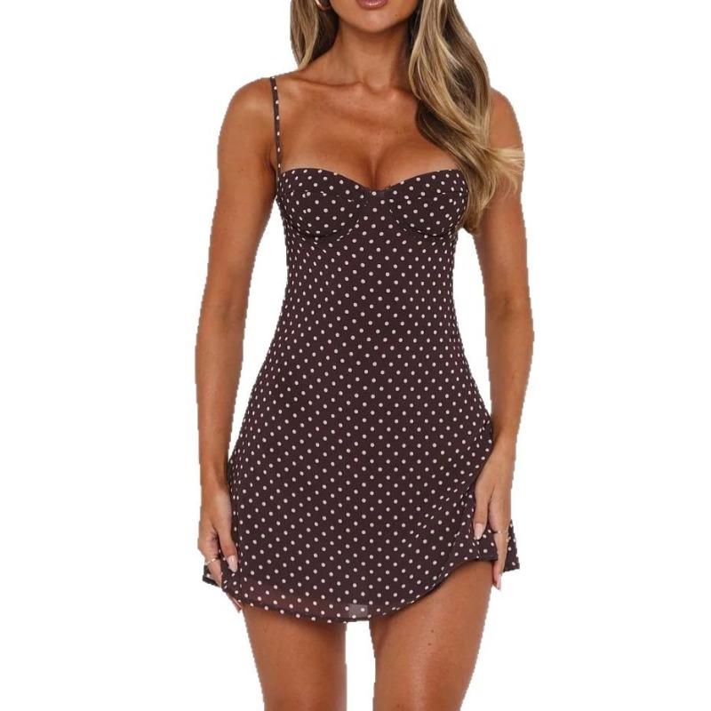 Summer Vacation Polka Dot Print Chest Suspender Dress Waist Mesh Sexy Low Cut Word Skirt