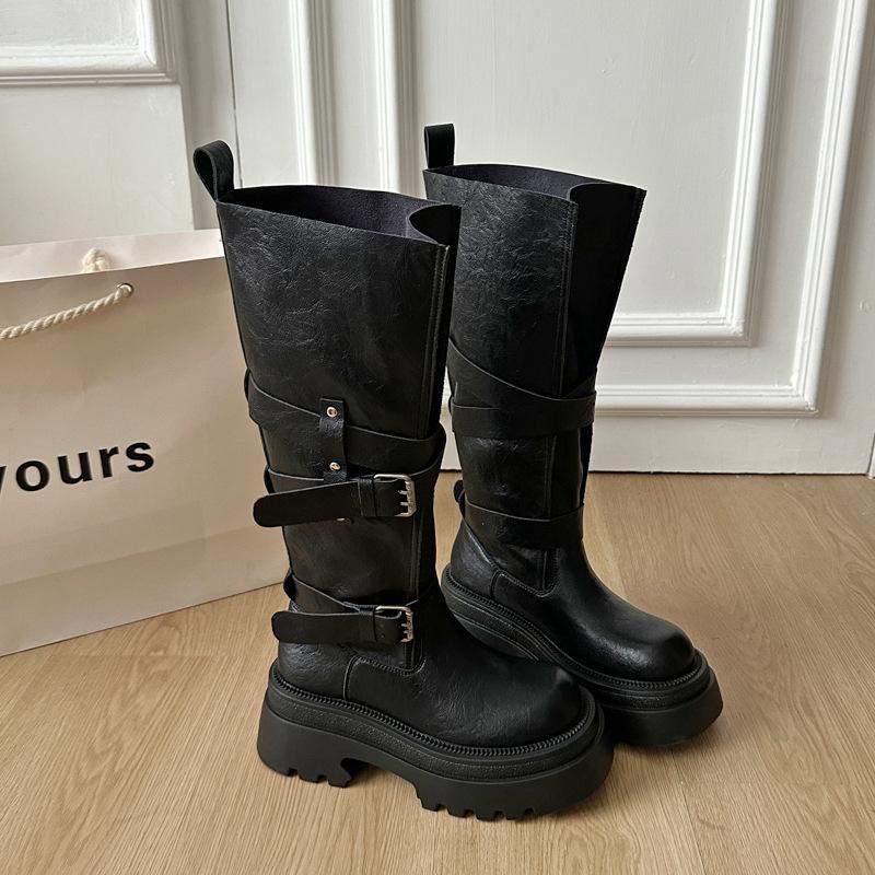 [Fanfna] Maillard brown boots women's big tube circumference thick-soled heightening western cowboy tall knight boots