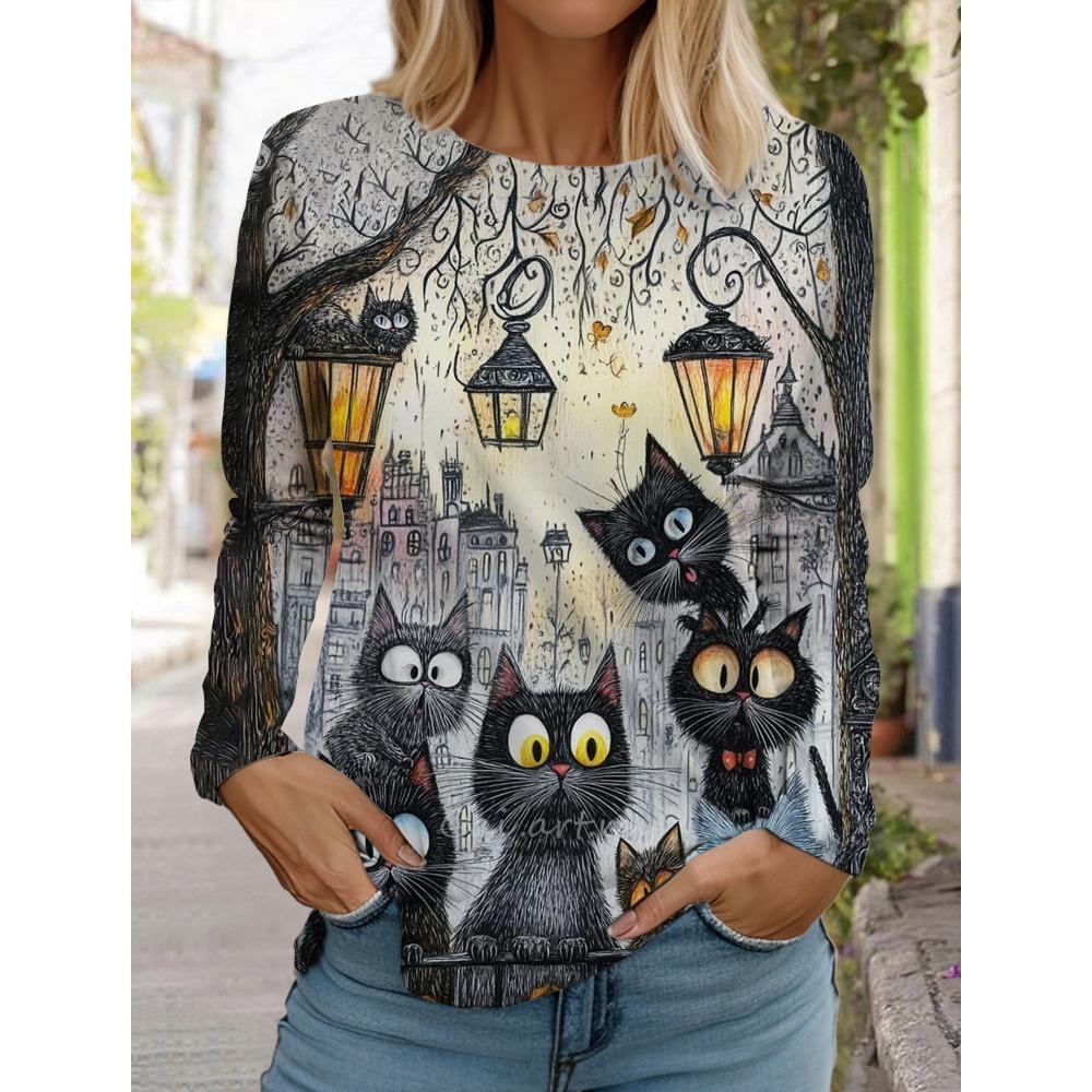 Round Neck Long Sleeved Fashionable Casual Cute Cat Animal Pattern Printed Top