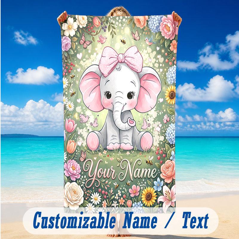 Elephant Theme Beach Towel Personalized Custom Name & Text Soft Quick Dry Beach Towel for Swimming Travel