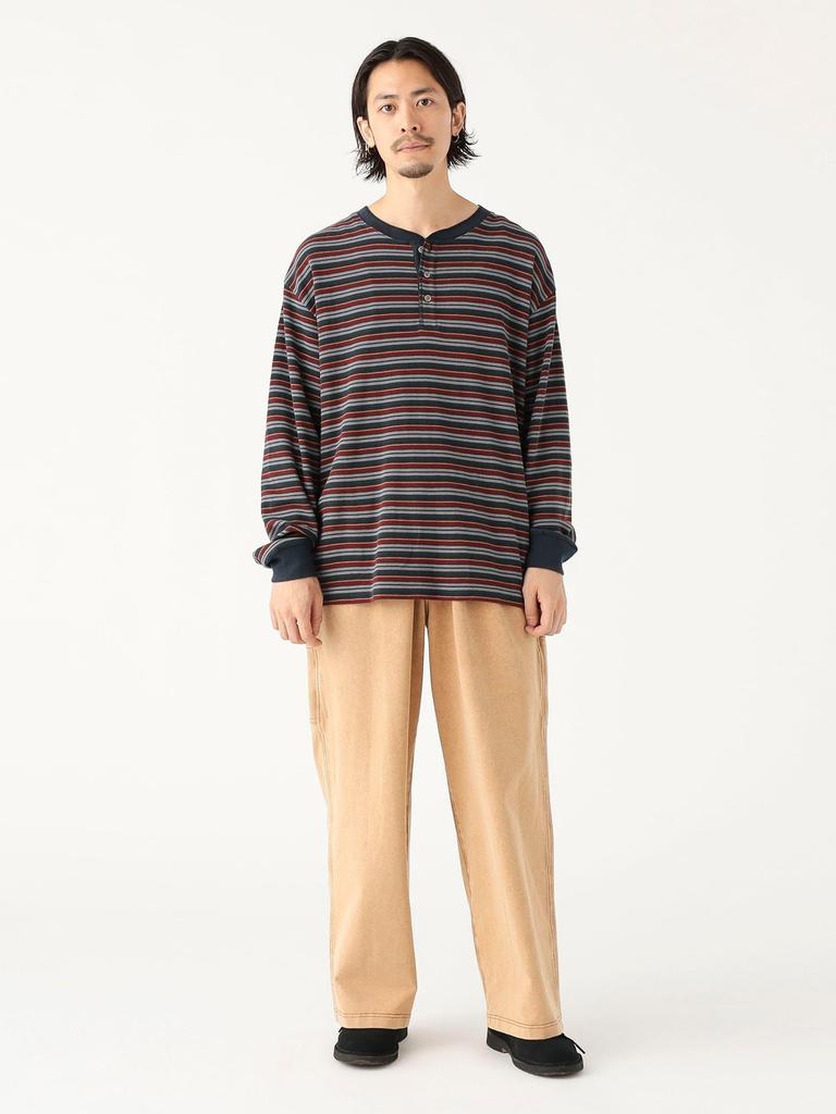 B:MING LIFE STORE by BEAMS Men's Long Sleeve T-Shirt with Waffle Stripes and Henley Neck, Navy, Size L