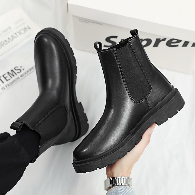 Fashion Slip On Men's Chelsea Boots Winter Leather Boots Outdoor High Top Men's Ankle Boots Plush Warm Cotton Boots Casual Shoes