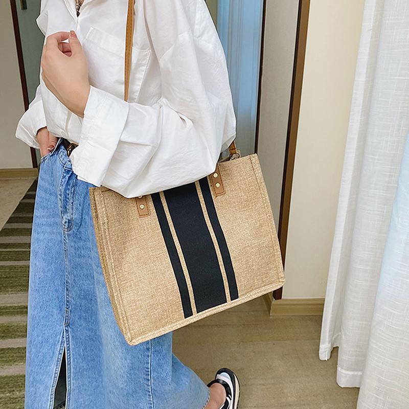 Simple Canvas Stripe Decor Bucket Handbags Women Top Handle Tote Bag Large Capacity Outdoor Mountaineering Bag Christmas Gifts