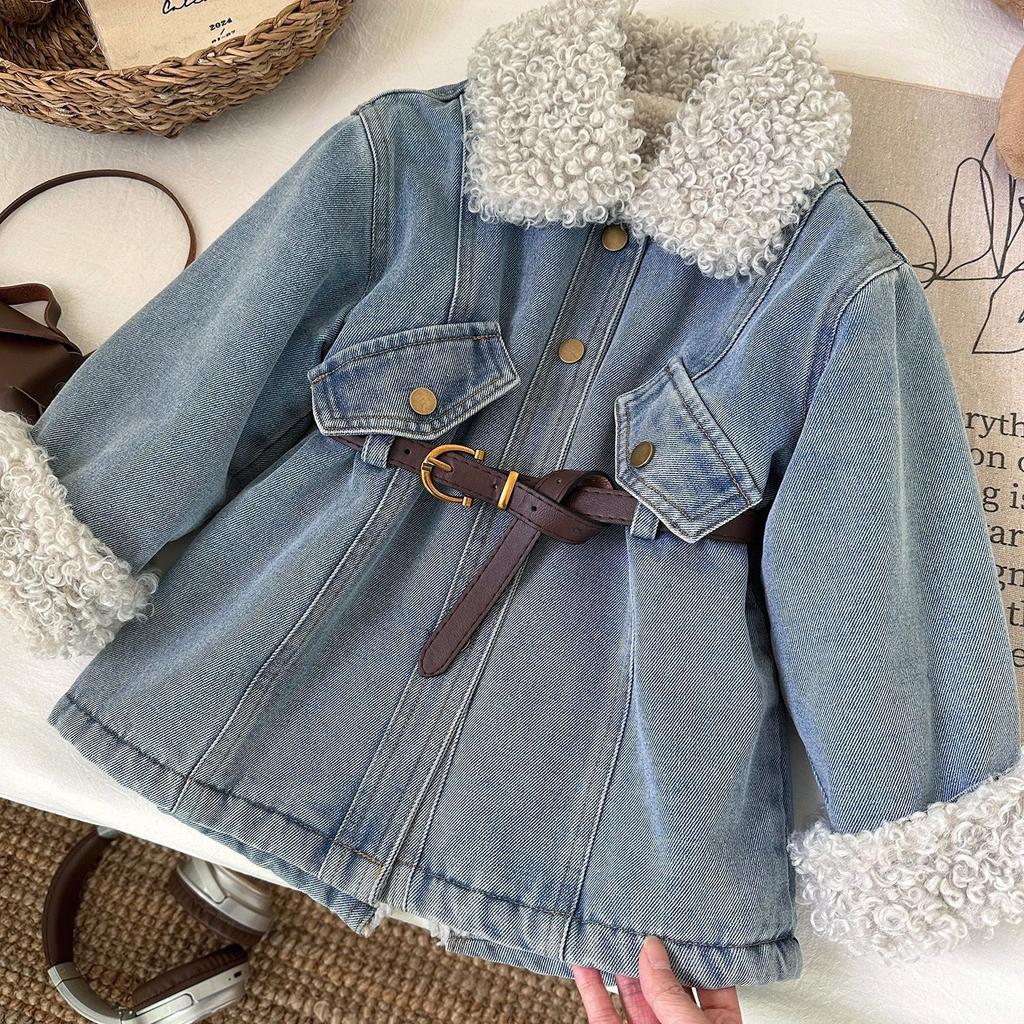 Winter Girls' Fashionable Denim Dress With Plush Warm Denim Jacket
