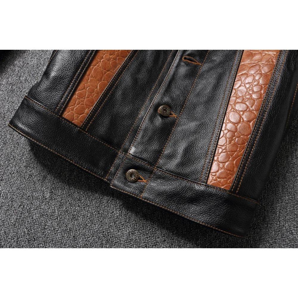 Chinese Size Cow Leather Patchwork Contrasting Lapel Leather Jacket for Men Casual Jacket Leather Coats Genuine Cowhide Leather Jacket Men
