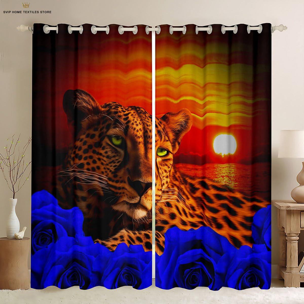Rose Flower Tiger Animal 3D-Druckvorhang, Retro-Vorhang, Fensterdekoration, Stangentasche, Heimdekoration, 2 Stück W50X130H(CM)X2PCS&Rod pocket
