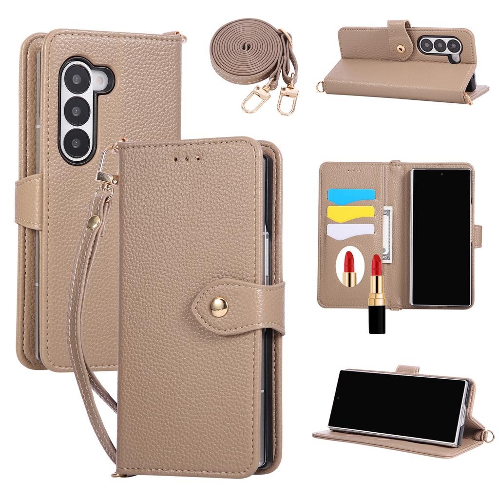Crossbody Flip Leather Wallet Case with Mirror Card Holder Lanyard Strap Cover for Samsung Galaxy Z Fold 7 6 5 Fold7 Fold6 5G