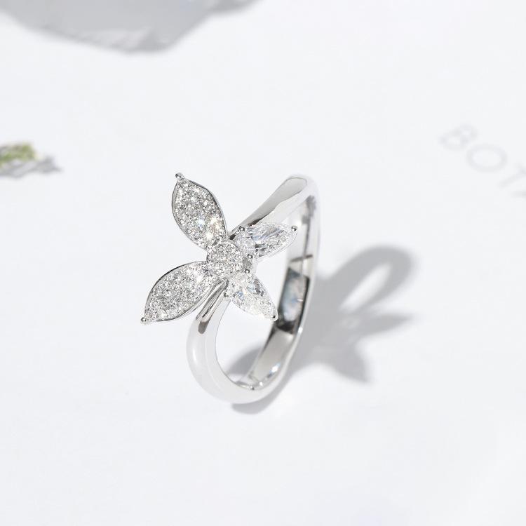 Women's S925 Sterling Silver Butterfly & Pear-Shaped Diamond Ring
