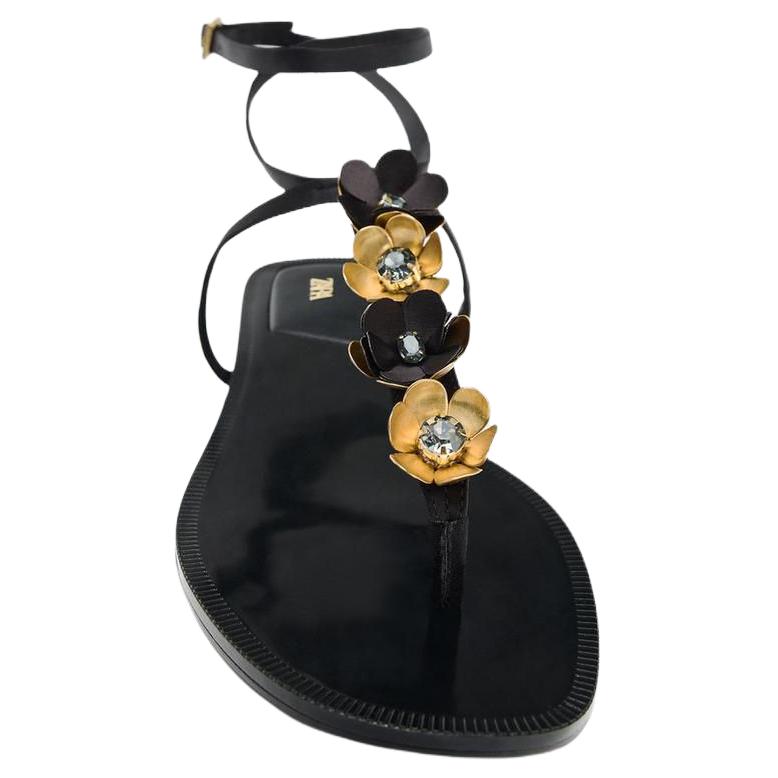 Zara Floral Embellished Toe Post Ankle Strap Flat Sandals Black Gold Women 13608510800