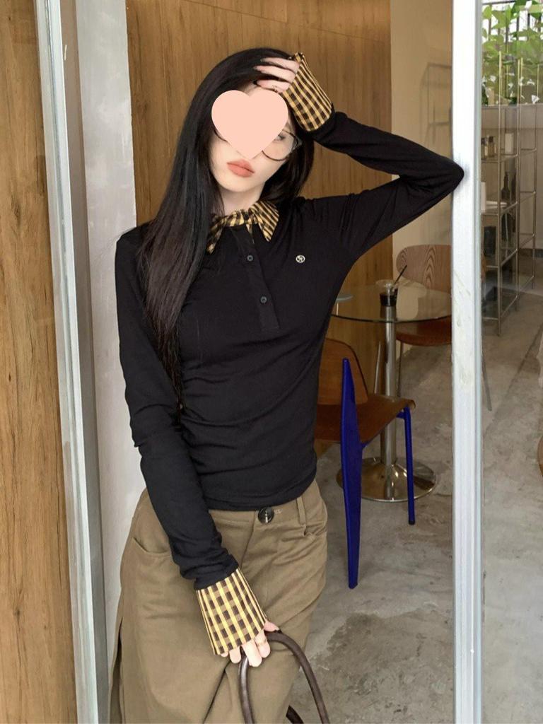Kariertes Polo-Kragen Spleiß-Faux-Zweiteiler Langarm Slim Fit Gestricktes Damen-T-Shirt für Frühling und Herbst
