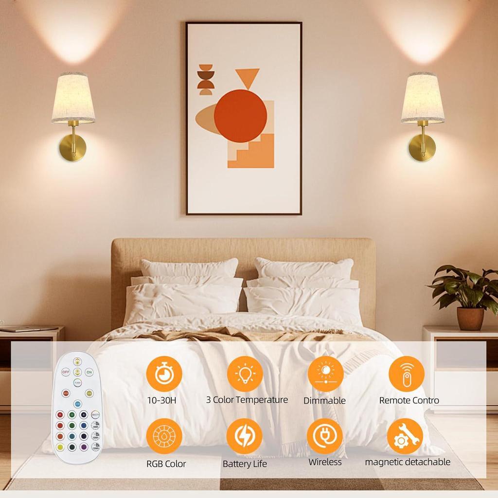 American-Style Wireless RGB Wall Lamp with Remote Control and Fabric Shade for Bedside, Living Room, or Stairwell