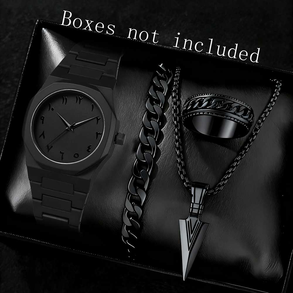 2/4 Stück Schwarzes Herren-Uhren-Set Modetrend Business-Quarz-Uhr Schmuck-Set Geeignet für den täglichen Kleider-Mix Perfektes Geschenk