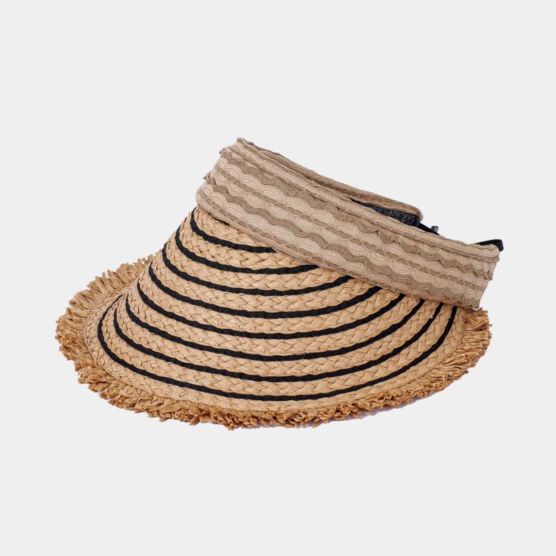 Handmade Raffia Sun Visor Women Foldable Wide Brim Beach Hat Frayed Edge Striped Straw Hat UV Protection Ponytail Friendly Cap