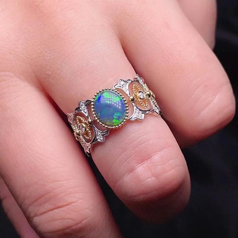 Xiancan Jewelry 2024 Stříbrný prsten: Pozlaceno růžovým zlatem, vykládané modrofialovým opálem (5 x 7 mm) pro ženy