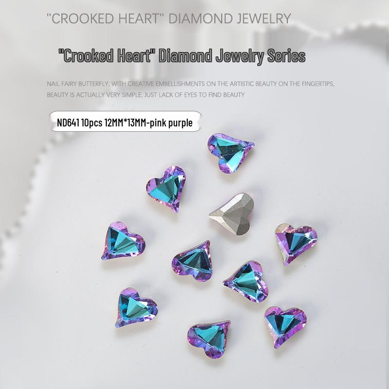 "10-Piece Heart-Shaped Nail Art Accessories with Pointed Bottom Transparent and Colorful Diamonds"