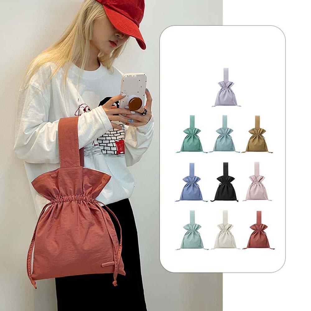 Large Capacity Nylon Drawstring Bag Portable Pleated Bucket Bag Solid Color Handbag  Girls