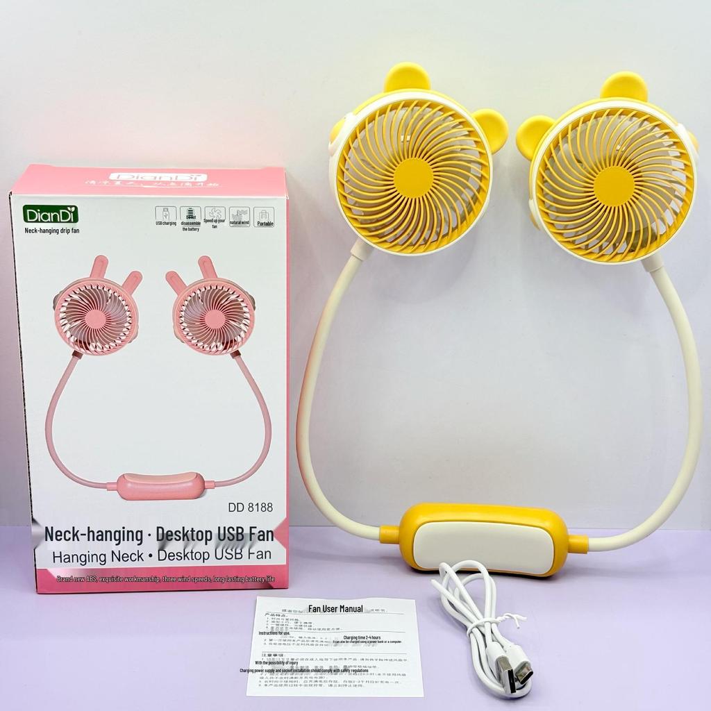 Portable Cartoon Pocket Fan: USB Rechargeable, Hanging Neck, Desktop Use, Ideal for Students & Outdoor Activities