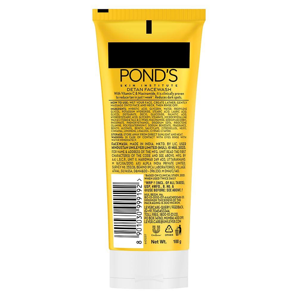 Pond's Detan Face Wash With Vitamin C and Niacinamide | Facewash for All Skin Types, 100gm