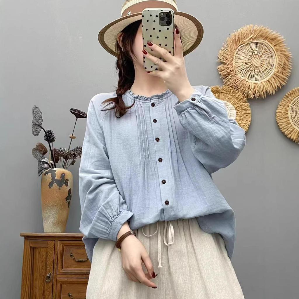 2026 Spring Artistic Pleated Button-Up Cotton Gauze Shirt - Women's Casual Long-Sleeve Top