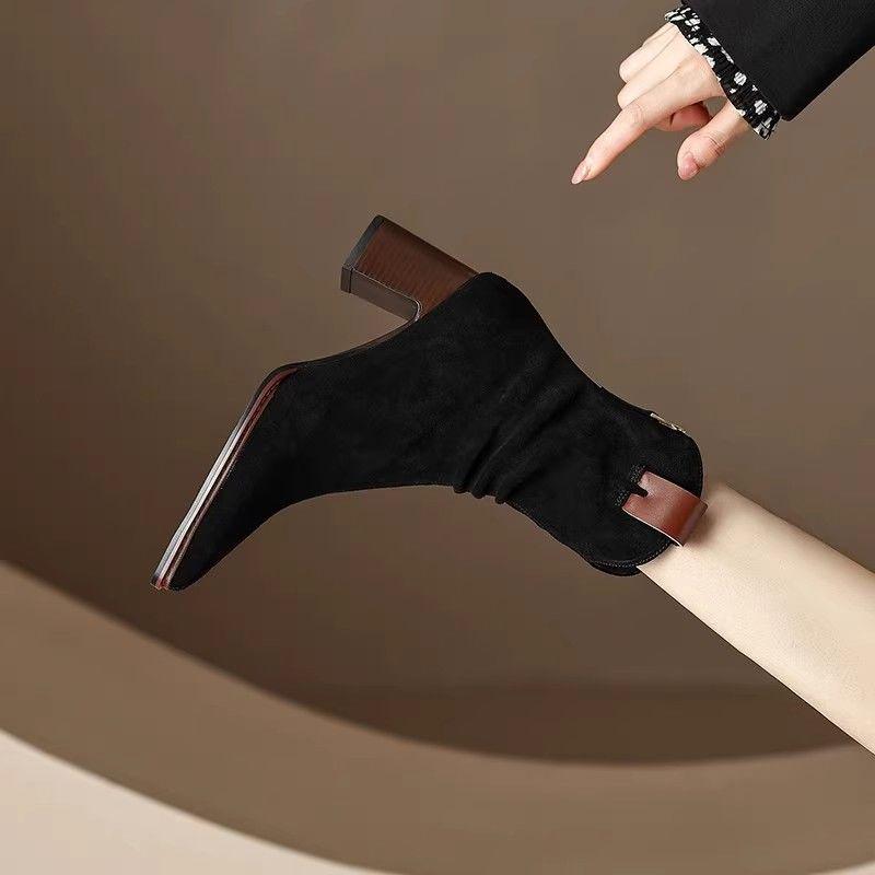 Women's Black Suede Pointed Toe Chunky Heel Ankle Boots with Back Zipper - Versatile Autumn/Winter Western Style.